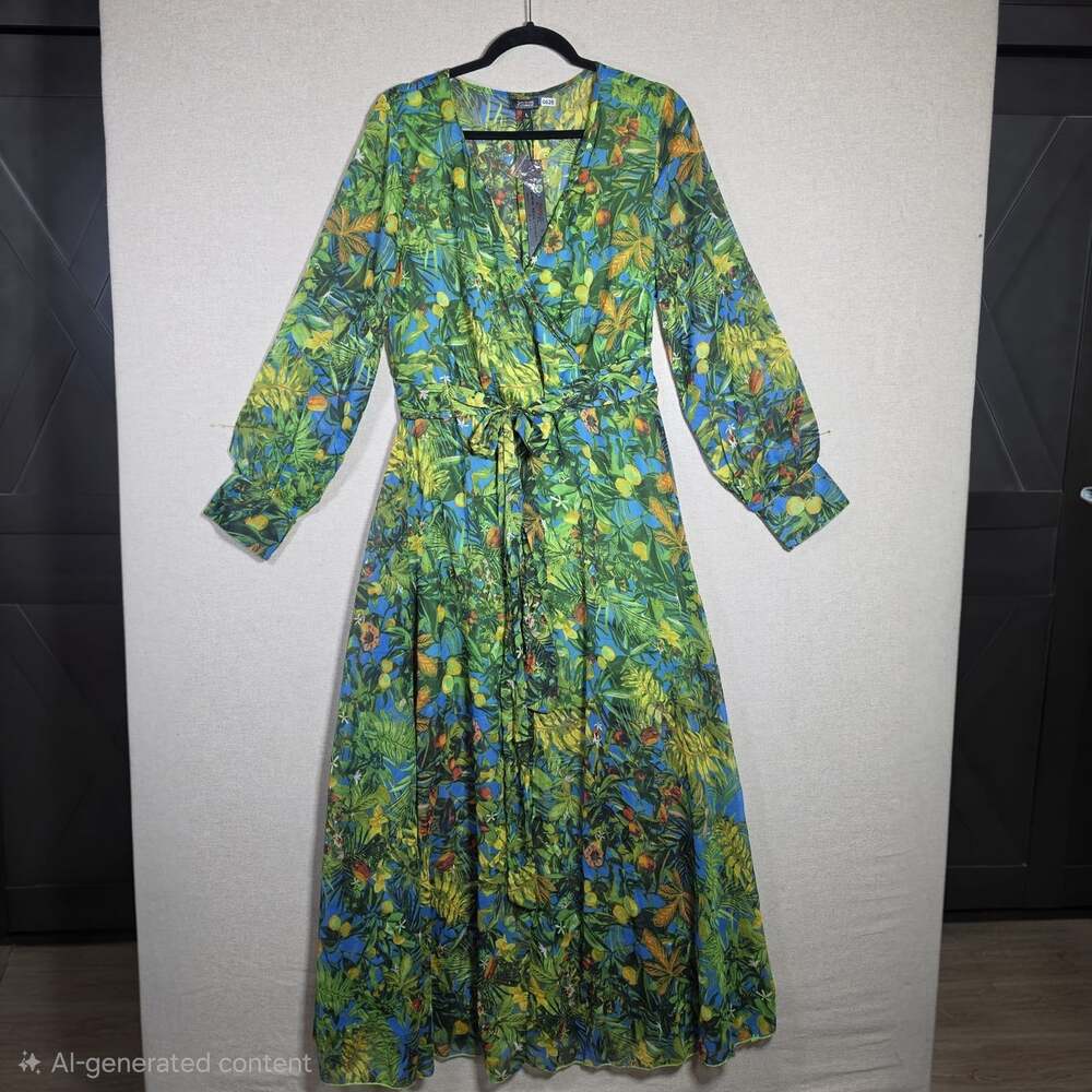 Spy Zone Exchange Dress Womens Size L Green Floral Print Sheer Lined Maxi